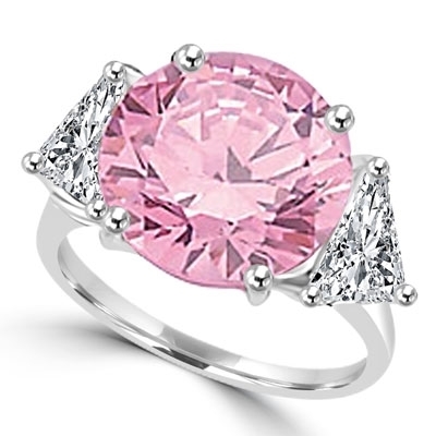 Risque- Diamond Essence Ring with 2 Carat Round Cut Pink Essence in Center and 0.5 Ct. Each trilliant cut side accents. 3.0 Cts.T.W. set in 14K Solid White Gold.