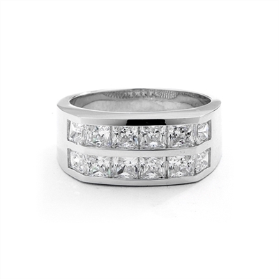 A winning look-14K White Gold man's channel set ring, 1.25cts. t.w. with Princess cut Diamond Joy stones.