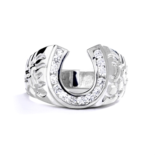 Fall in love with this charming horseshoe design ring with 0.75 Cts. Diamond Essence nuggets set in artistic band set in 14K Solid White Gold.