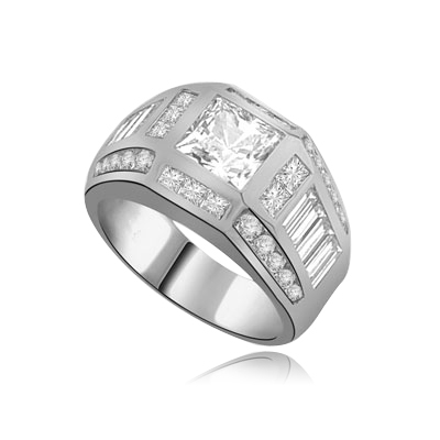 square & round stones-baguettes in white gold ring