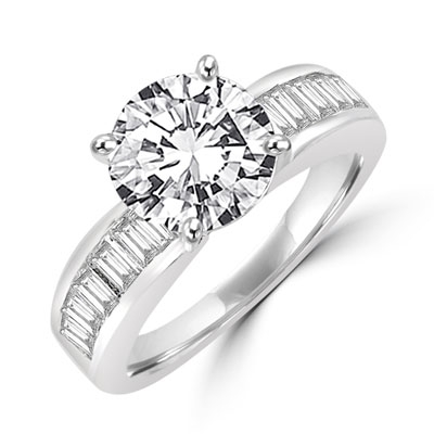 Prong Set Engagement Ring with Artificial Round Brilliant Stone and Channel set Baguette Diamonds By Diamond Essence set in 14K Soild White Gold