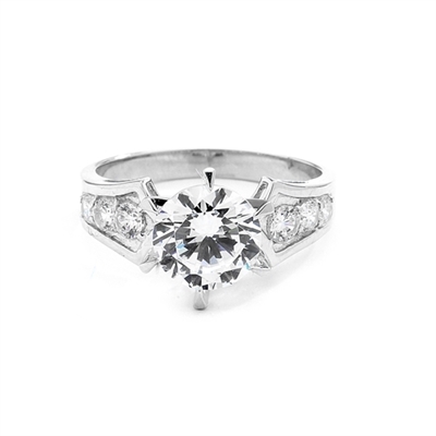 A beautiful engagement ring, Diamond Essence round brilliant stone of 2.0 carat set in six prongs and curved shank with beautiful round melees. 2.5 ct.t.w. in 14K Solid White Gold.