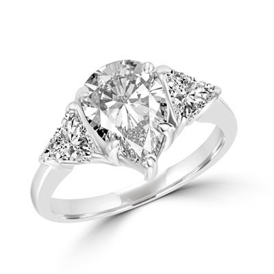 Duse - Ring with Pear Cut Center Stone flanked by Brilliant Trilliant Cut Diamond Essence accents, 3.0 Cts. T.W in 14K White Gold.