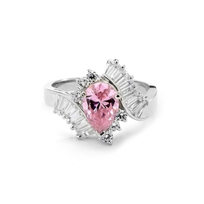 A beautiful designer ring. Diamond Essence Pink Pear cut stone of 2.5 carat supported by round brilliant melees and artistically curved shank with brilliant baguettes gives an extraordinary look and compliments. Must have one. 4.80 cts.t.w.