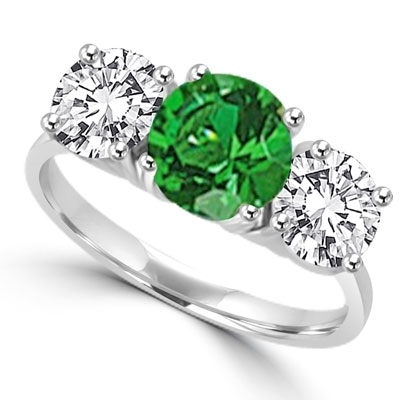solid white gold Ring – round emerald and brilliant side stones