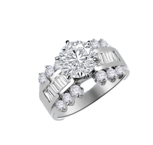 round stone ang baguettes white gold ring