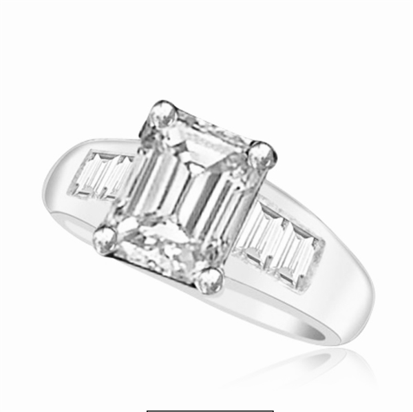Prong Set Designer Ring with Simulated Emerald Cut Diamond and Brilliant Baguettes by Diamond Essence set in 14K Solid White Gold