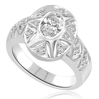 Prong Set Designer Ring with Lab-made Oval Cut Brilliant Diamond and Melee by Diamond Essence set in 14K Solid White Gold
