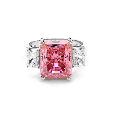 Pink Essence Ring—Emerald-cut 8-carat Pink Essence ring with Diamond Essence baguettes. 8.5 cts. T.W. set in 14K Solid White Gold.