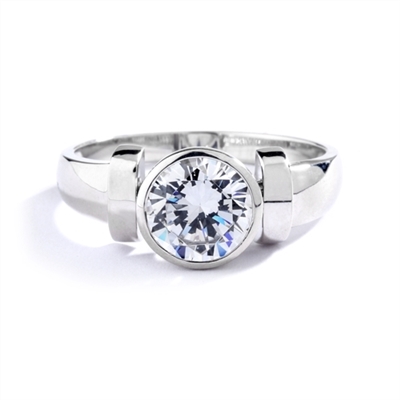 Solitaire Ring with 2ct. Round Brilliant  Diamond Essence, bezel set in 14k Solid White Gold. (( Image in Yellow but product in 14k Solid White Gold)