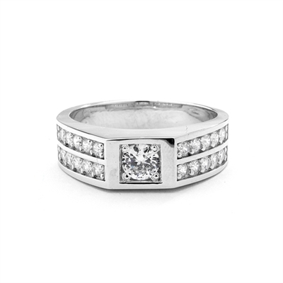 14K White Gold man's ring with .75 ct round Diamond Essence center stone with four rows of channel set round Diamond Essence accents, 2.0 cts.t.w.