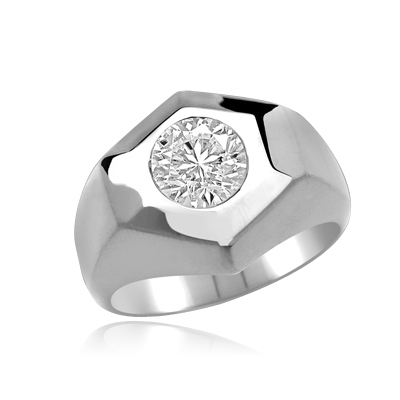 Classically Cut Man's Ring with an inviting 2.25Ct. Round Brilliant Cut Diamond Essence Masterpiece standing alone in equally awe inspiring setting. A great solo performance.In 14K Solid White Gold.
