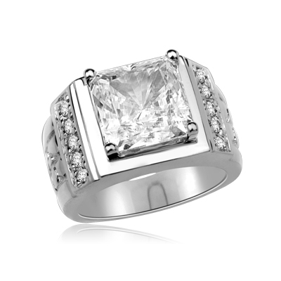 14K White Gold man’s ring with a massive 6.0 ct. Radiant Square cut Diamond Essence Masterpiece surrounded by a loyal group of flawless, diamond-bright Round cut team players. 6.5 cts. t.w. Projects the perfect aura for your dynamic man.