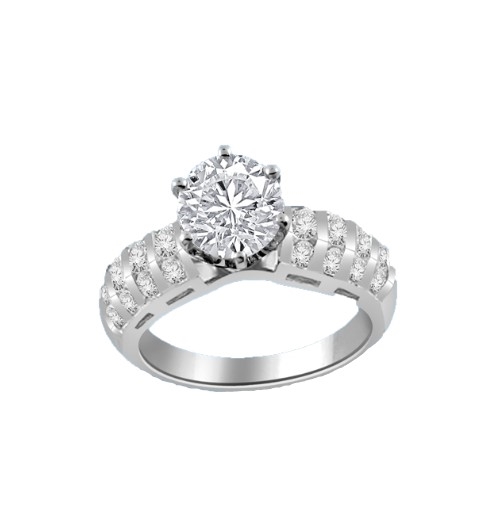 Our Destiny is a Classic Ring with a 2 Ct. Round Brilliant Diamond Essence Center stone and a melee of Channel Set Mini Essences frolicking down the band. 3 Cts. T.W, in 14K White Gold.