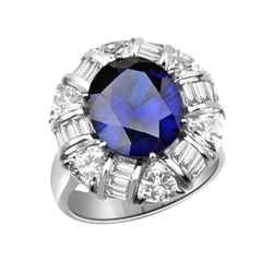 Prong Set Designer Ring with Simulated Oval Cut Sapphire Essence, Brilliant Baguettes and Trilliant Cut Diamonds by Diamond Essence set in 14K Solid White Gold