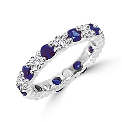 Beautiful eternity band of Sapphire Essence and round brilliant Diamond Essence stones, 2.0 cts.t.w. in 14K Solid White Gold.
