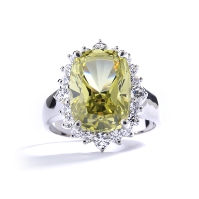 Ring with an oval cut 8.0 cts. Diamond Essence Peridot at the center, surrounded by round Diamond Essence stones, 9.0 cts.T.W. set in 14K Solid White Gold.