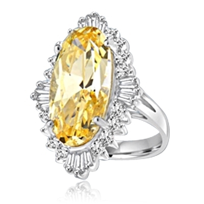 Designer ring with Diamond essence 9.0 cts. Canary stone in the center and encircled by round stones and a large spray of baguettes on all four sides. Wear it with confidence.10.75 cts. T.W. set in 14K Solid White Gold.