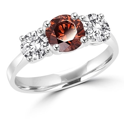 Diamond Essence Three stone Ring with 1.0 ct. round Chocolate Essence center and 0.5 ct. Round Brilliant stones on each side, 2.0 Cts. T.W. set in 14K Solid White Gold.