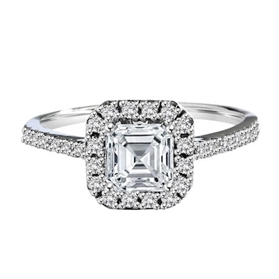 Diamond Essence Designer Ring with 1.25 ct. Asscher cut center stone surrounded by round stones. 1.75 cts. T.W. set in 14K Solid White Gold.