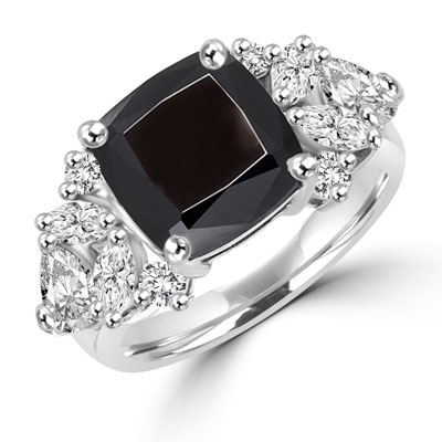 Diamond Essence Designer ring with 4.0 ct. Onyx center with round, marquies and heart shaped stones on each side, 6.5 cts. T.W. set in 14K Solid White Gold.
