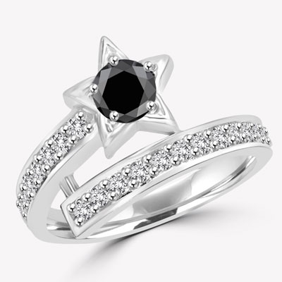 Diamond Essence Designer ring with 0.5 ct. round Onyx center with round stone on band, 1.0 ct. T.W. set in 14K Solid White Gold.