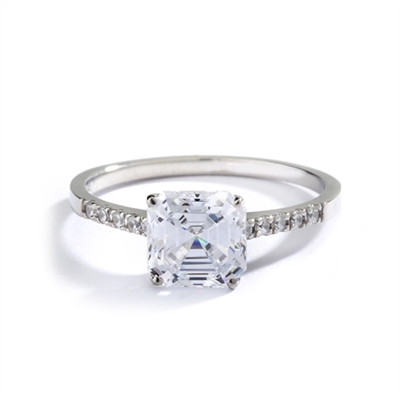 Diamond Essence Designer ring with 2.0 ct. Asscher cut Diamond Essence center with round stones on band, 2.10 Ct. T.W. set in 14K Solid White Gold.