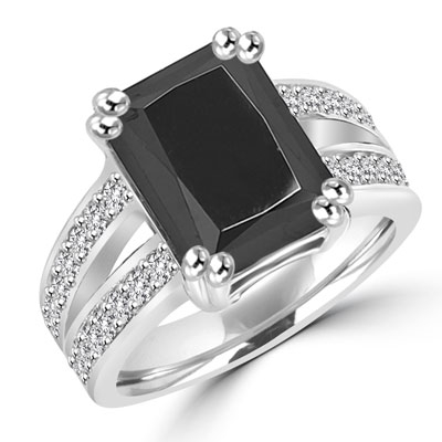 Diamond Essence Designer ring with 5.0 ct. Onyx stone in center with two rows of round stone on each side of the band, 5.50 Cts. T.W. set in 14K Solid White Gold.