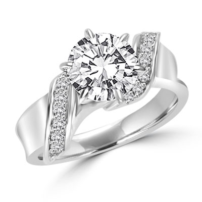Intertwined Love! Brilliant 2 Ct Center in perfect harmony with twirling band of Round Stones. 2. 5 Cts. T.w. In 14k Solid White Gold.