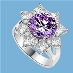 Designer Ring with 3.5 Cts. Round Lavender Essence in center surrounded by Princess Cut Diamond Essence and Melee, making a Beautiful Floral Design. 6.5 Cts. T.W. set in 14K Solid White Gold.
