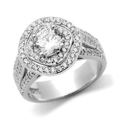 Diamond Essence Designer Ring With Round Brilliant 1 Ct. Center surrounded By Melee, 3 Cts.T.W. in 14K Solid White Gold.