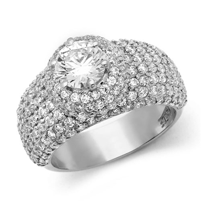 Dome Pave Set Designer Cocktail Ring with Simulated Round Brilliant Diamonds by Diamond Essence set in 14K Solid White Gold