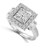 Diamond Essence Designer Ring With 1.50 Cts. Princess stone In Center and Round Melee On Four Sides And Band, 2.25 Cts.T.W. In 14K White Gold.