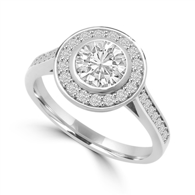 Diamond Essence Bezel set Ring with 1 Ct. Round Brilliant And Surrounding Melee, 1.25 Cts. T.W. In 14K White Gold.