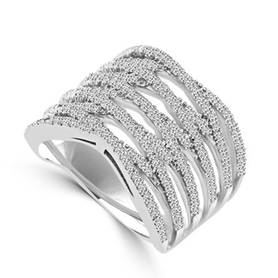 Diamond Essence Designer Cocktail Ring With Brilliant Melee, Set in 14K White Gold CrissCross Setting.