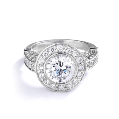 Designer Ring with Bezel Set, 3 Cts. Round Brilliant Diamond Essence in Center With Melee Around And On The Band, 4.30 Cts.T.W. Set In 14K White Gold.