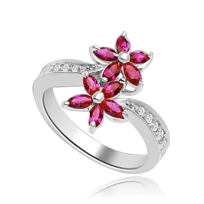 Dual Flowers - Marquise cut Ruby Essence Flower Clusters, seats uniquely on Melee set curvy Band, 2.0 Cts. T.W. In 14K Solid White Gold.