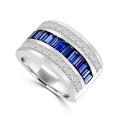 Sparkling Ring with three rows of Brilliance. Sapphire Essence Baguettes center is accentuated by Channel set Princess cut Diamond Essence Masterpieces. 5.0 cts.t.w. in 14K Solid White Gold.