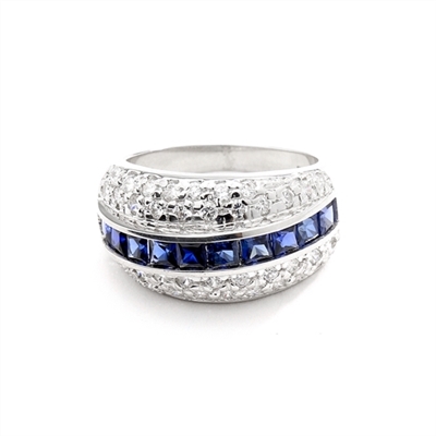 Diamond and Sapphire Ring - Impressive ring, one row of 2.0 Cts. Princess Cut Sapphire Essence stones in center with two rows of melee on each side. 2.50 Cts.T.W. set in 14K Solid White Gold.