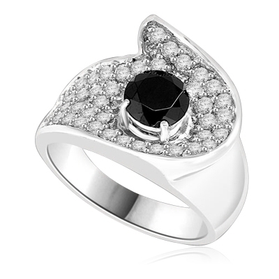 Big and Beautiful Ring With Round Cut Onyx Essence set in center surrounded by sparkling Melee. 2.0 Cts. T.W. set in 14K Solid White Gold.