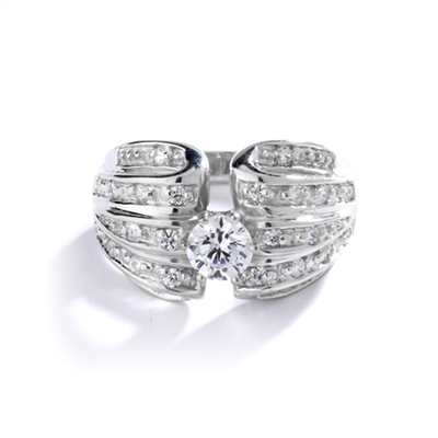 Designer Ring with 0.50 Ct. Round Brilliant Diamond Essence in center with five rows of sparkling Melee on both side. 0.85 Cts. T.W. set in 14K Solid White Gold.