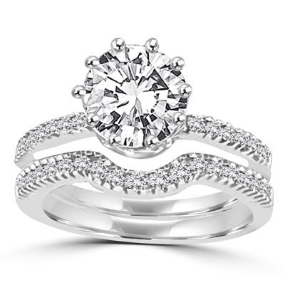 Prong Set Ring with Artificial Round Diamond by Diamond Essence set in 14K Solid White Gold