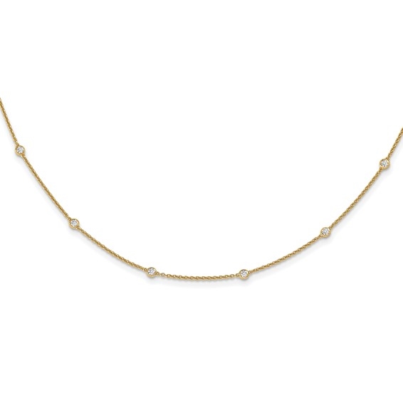 14K yellow gold bezel set diamond station necklace with 0.405 carat lab grown diamonds on an 18 inch cable chain