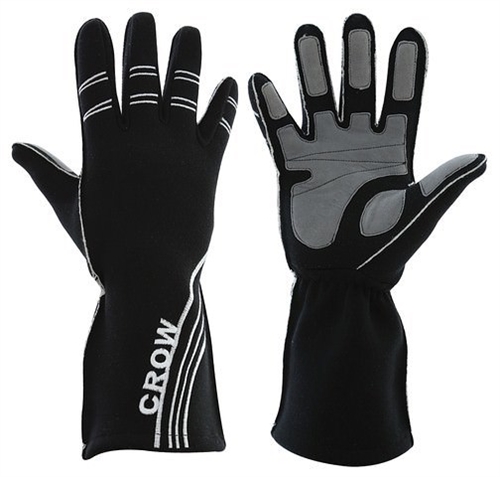 Crow Black All Star Driving Gloves. SFI 5. Double Layer. Normex/Leather Palm. Large. Pair.