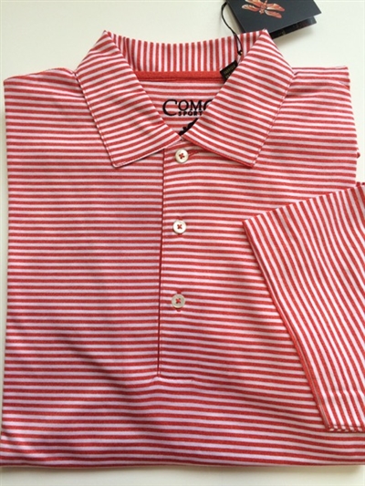 Como Sport men's polo shirt. Men's 100 percent double mercerized cotton red and white stripe shirt for golf and active lifestyles. Size medium to XL.