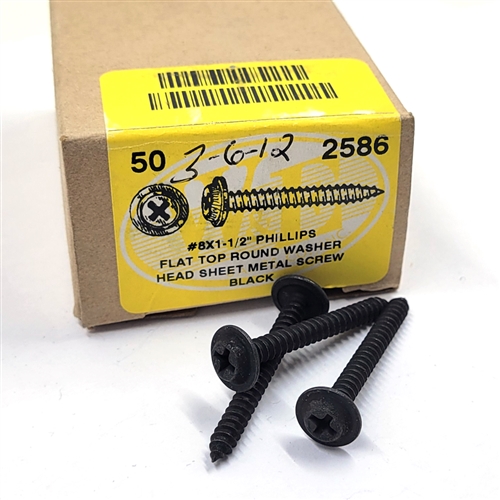 CLEARANCE #8 x 1-1/2" Phillips Flat Top Round Washer Head Sheet Metal Screw Black