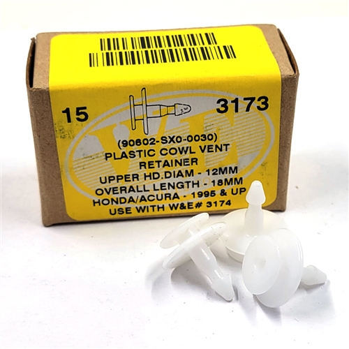 CLEARANCE Plastic Cowl Vent Retainer 12mm Upper Head Diameter, 18mm Overall Length Honda/Acura 1995 & Up