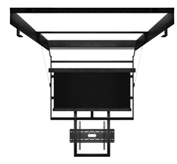 Motorized Flip Down 85 inch TV Ceiling Mount swings down 90 degrees then lowers down 48 inches which is prgrammable