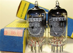 Brand New MINT NOS NIB 1975-76 Trinec Production ORIGINAL NOS TESLA EF86 Square Getter tubes. From the old Czechoslovakia (currently Czech Republic). Tube internals seem to be sourced from RFT with evacuation in Tesla glass bottle.