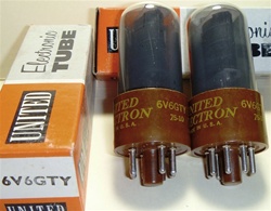Brand Spanking NEW, MINT NOS NIB CBS-Hytron 1950s JAN CHY 6V6GTY Black Plate Square Getter Smoke Glass tubes with low loss Brown Micanol bases. Relabeled by UNITED in 1975. Made in USA. Some of the very best American made 6V6GT type tubes for both Guitar